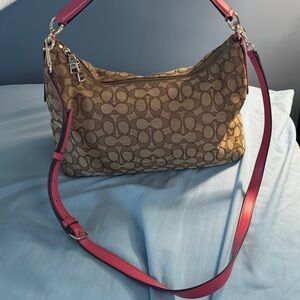 Coach Signature Brown Bag with Pink Strap